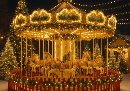 Carusel simplu de Crăciun luminat, decorat cu brazi împodobiți și ghirlande festive, atracție de poveste pentru copii și părinți