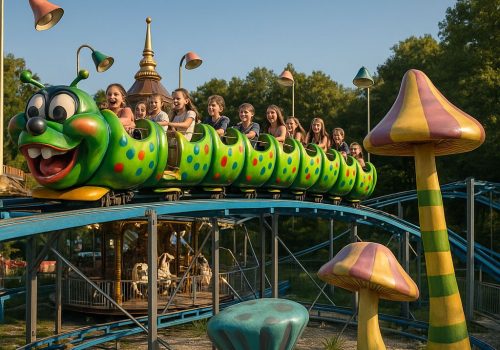 Roller coaster pentru copii în formă de omidă verde, cu șine albastre și decor de ciuperci colorate, atracție la Miramagica Herăstrău