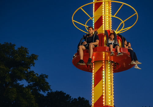 Atracția Spark luminată noaptea, turn vertical cu scaune pentru copii și adulți, experiență plină de adrenalină într-un parc de distracții