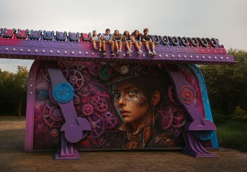 Vizitatori pe atracția Banca pe Perete, un joc spectaculos de tip steampunk ce oferă adrenalină și senzații tari într-un parc de distracții