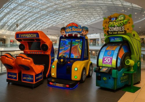 Aparatele arcade Miramagica, precum Typhoon, Hot Racers și Plants vs Zombies, oferind distracție și experiențe interactive într-un centru comercial